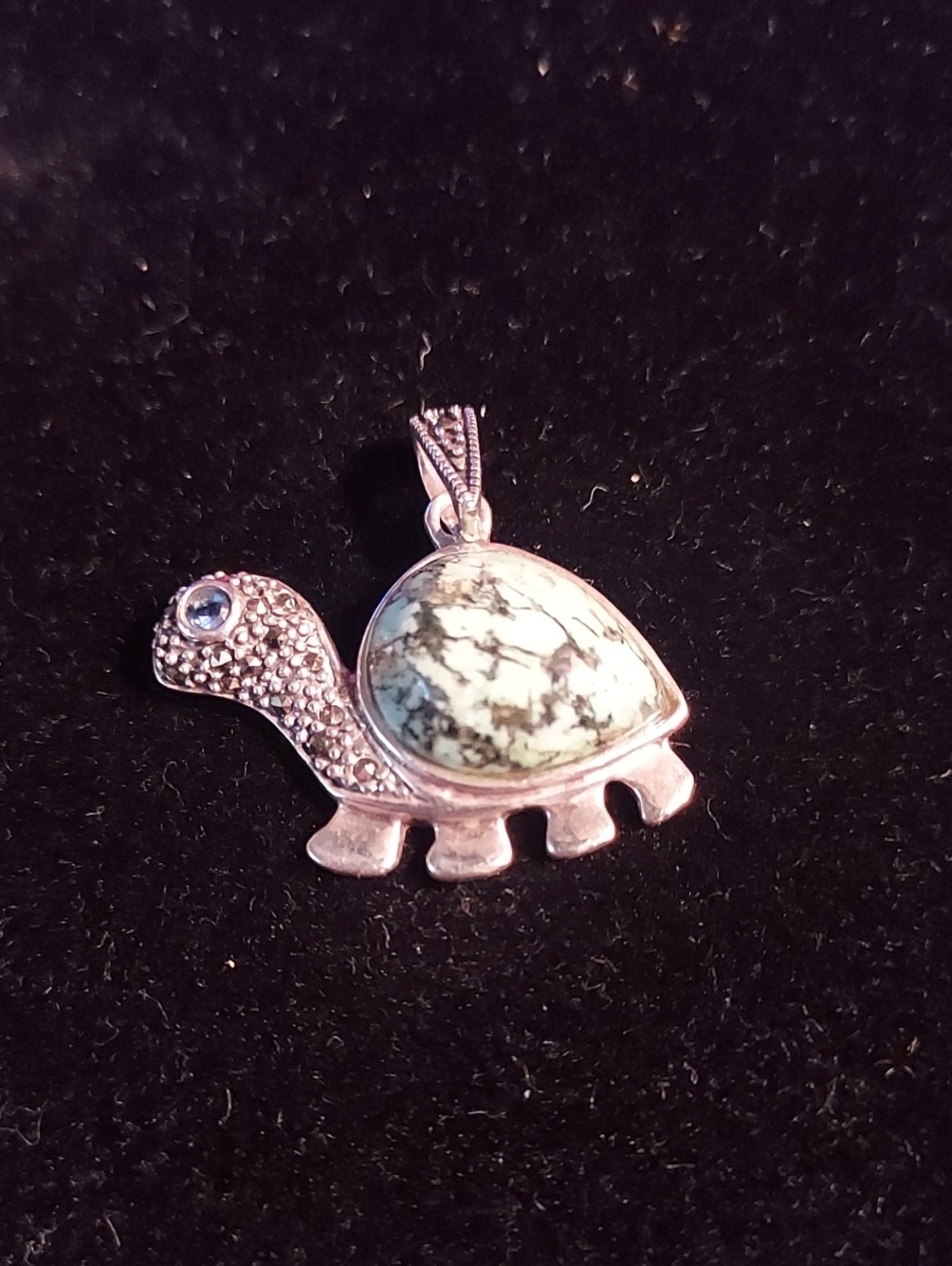 Sterling Silver Turtle Pendant Necklace with Green Turquoise Shell Marcassite